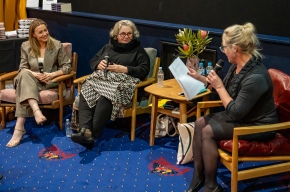 Festival Director, Michaela Bolzan interviews Posie Graeme-Evans and Kylie Needham about their highly successful careers writing for television and novels. Photo by Greg Jackson.