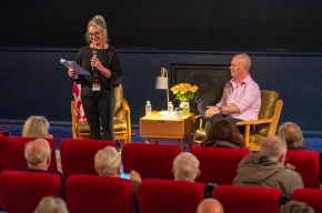 Festival Director, Michaela Bolzan interviews Glen Humphries about his new book, Aussie Rock Anthems - Top 40. Photo by Greg Jackson. 
