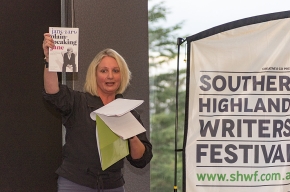 Festival Director, Michaela Bolzan shows off one of the 2016 authors - Jane Caro. Photo by Greg Jackson.