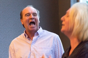 Patrick Brennan and Michaela Bolzan play Benedict and Beatrice from Shakespeare's Much Ado About Nothing. Photo by Greg Jackson.