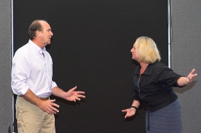 Patrick Brennan and Michaela Bolzan play Benedict and Beatrice from Shakespeare's Much Ado About Nothing. Photo by Greg Jackson.