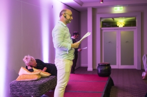 Italian actor, Marco Quaglia, Festival Director Michaela Bolzan, and Jon Collins perform the one-act play A Dream, But Perhaps Not?. Directed by Sarah Dowland. Photo by Greg Jackson.