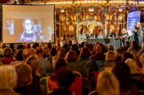 Michaela Bolzan introduces Professor Clare Wright OAM zooming into SHWF 2022. Photo by Greg Jackson.
