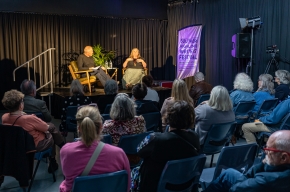 Ross Coulthart interviews Jasmine Seymour. Photo by Greg Jackson. 