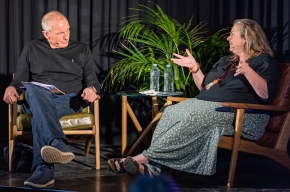 Ross Coulthart interviews Jasmine Seymour. Photo by Greg Jackson. 